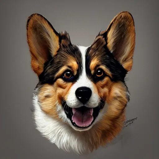 Image similar to portrait of a young, ruggedly handsome corgi, soft hair, muscular, half body, cloth, hairy, d & d, fantasy, intricate, elegant, highly detailed, digital painting, artstation, concept art, smooth, sharp focus, illustration, art by artgerm and greg rutkowski and alphonse mucha