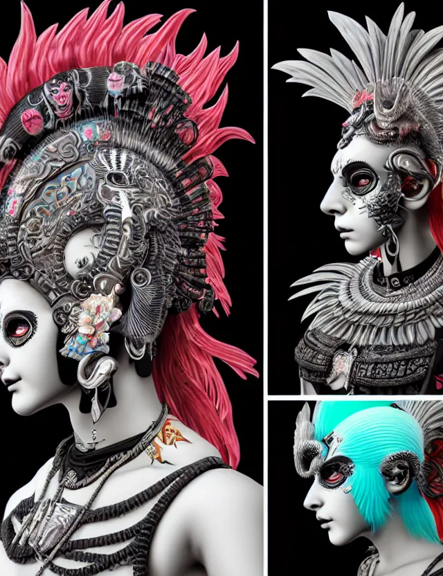 Image similar to 3 d goddess close - up profile portrait punk with mohawk with ram skull. beautiful intricately detailed japanese crow kitsune mask and clasical japanese kimono. betta fish, jellyfish phoenix, bio luminescent, plasma, ice, water, wind, creature, artwork by tooth wu and wlop and beeple and greg rutkowski