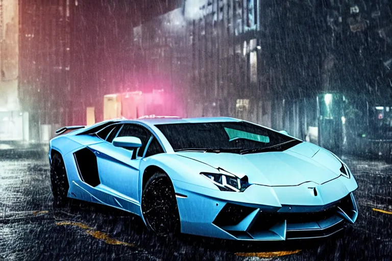 Image similar to a cinematic photograph of a lamborghini aventador driving through a dystopian city street whilst neon lightening strikes on the car, rain falls, ultra realistic, high definition