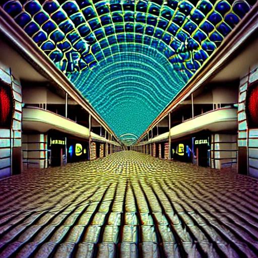 Image similar to hyperrealism photography computer simulation visualisation of parallel universe mall in surreal scene from art house movie from nefuturistic sci - fi setting by caravaggio rendered in mandelbulb 4 d