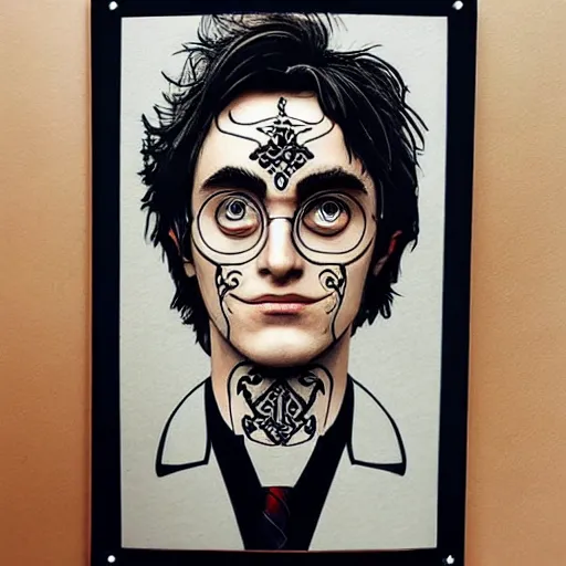 Prompt: Portrait of Harry Potter as a robot with highly stylized, intricate face tattoos