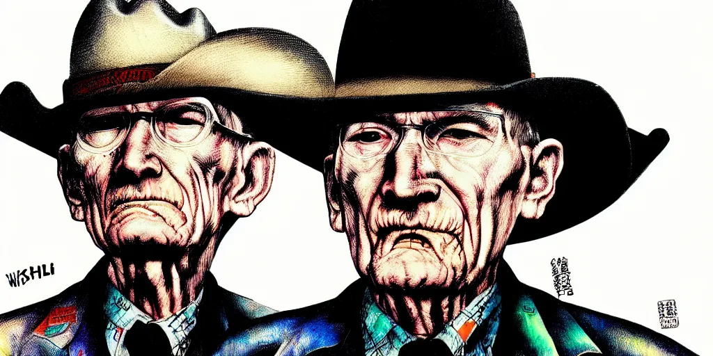 Image similar to full view of william s burroughs, wearing a cowboy hat, style of yoshii chie and hikari shimoda and martine johanna and will eisner, highly detailed