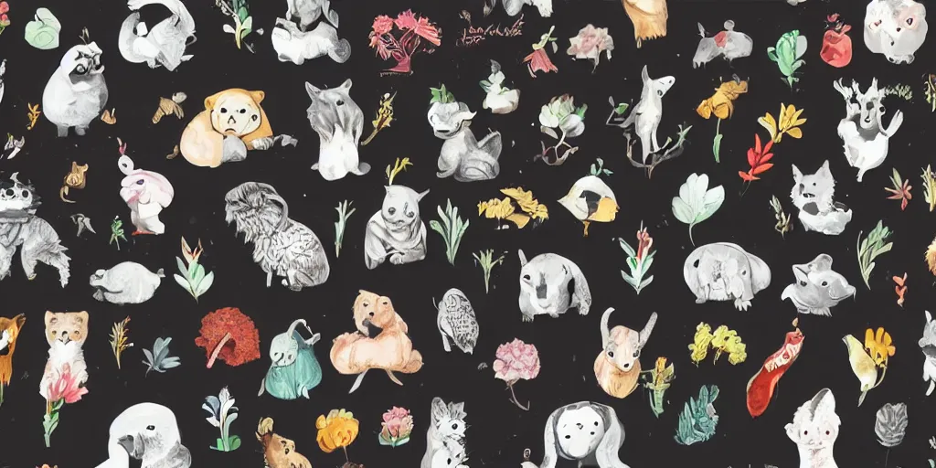 Image similar to cute animals and plants on a black background, wallpaper, Illustration, Anatomical Drawing, Painting