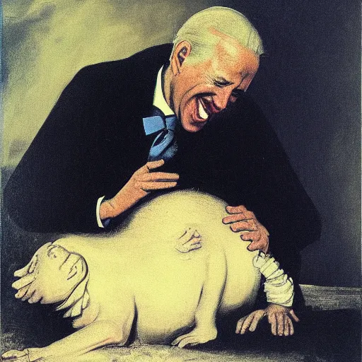 Prompt: painting of Joe Biden (Cronus) devouring Mitch McConnell (his son), by Goya