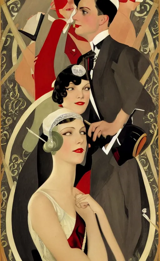 Image similar to a painting depicting Jazz Age high society people, 1920s style, smooth, highly detailed, high contrast, Coles Phillips, Dean Cornwell, JC Leyendecker, 8K