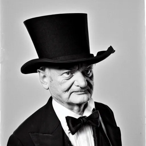 Image similar to black and white mugshot, bill murray, he is wearing a top hat, wearing bandit mask, bow tie bandit