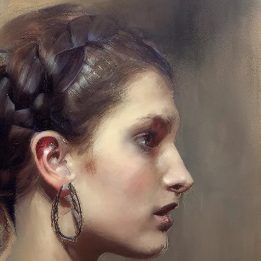 Prompt: portrait, side view, of girl with braided hairstyle, big earrings, by jeremy mann, timothy rees