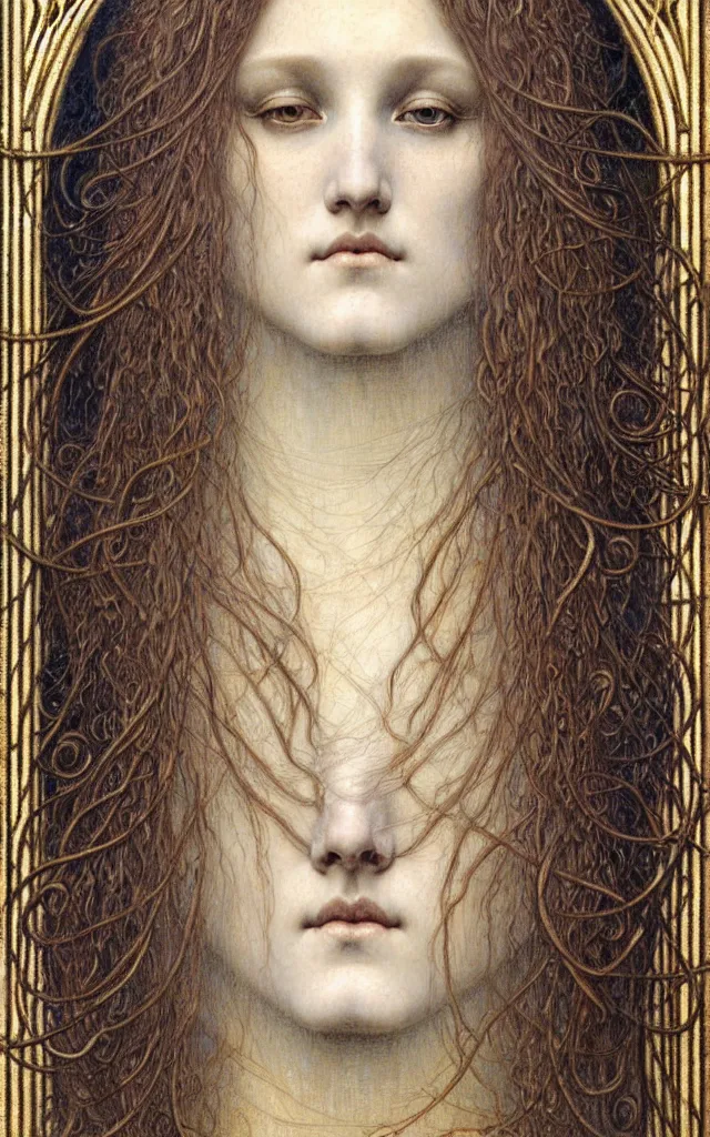 Image similar to detailed realistic beautiful young medieval queen face portrait by jean delville, gustave dore and marco mazzoni, art nouveau, symbolist, visionary, gothic, pre - raphaelite. horizontal symmetry