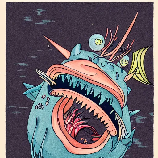 Image similar to illustration of an angler fish, in the stle of yoshi yoshitani, deep sea, large mouth filled with pointed teeth, stylized linework, ornamentation, artistic, color