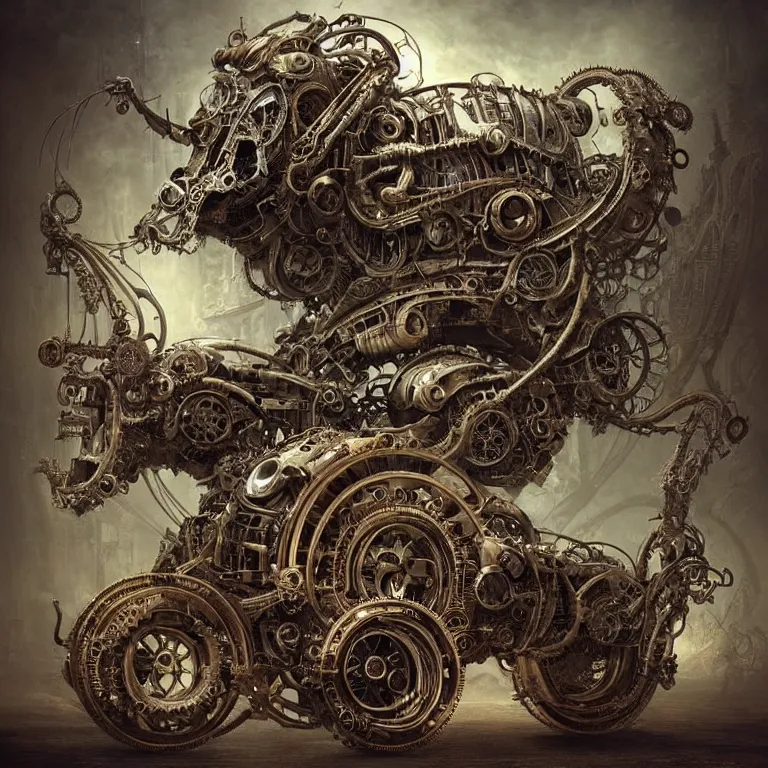 Image similar to biomechanical steampunk vehicle reminiscent of fast sportscar with robotic parts and (glowing) lights parked in ancient lush palace, gothic and baroque, brutalist architecture, ultradetailed, creepy ambiance, fog, artgerm, giger, Intricate by Ellen Jewett and Josan Gonzalez and Giuseppe Arcimboldo