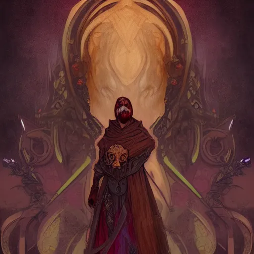 Image similar to a portrait of a male warlock, medium level shot , epic scene, Mucha style , Grim fantasy, illustration ,concept art,