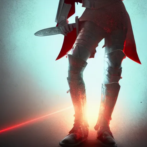 Image similar to a young man with full body armor white and red with a sword, battling killer, creepy, death, demon, horrifying, dead, arm gets chopped off, dramatic lighting, cinematic, 8k, hyperrealistic, detailed, depth, vray