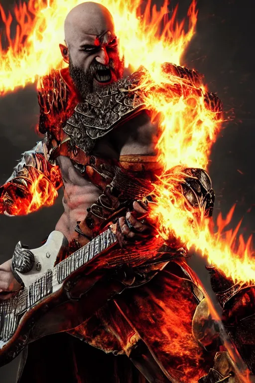 armored screaming kratos rocking out on a flaming | Stable Diffusion ...