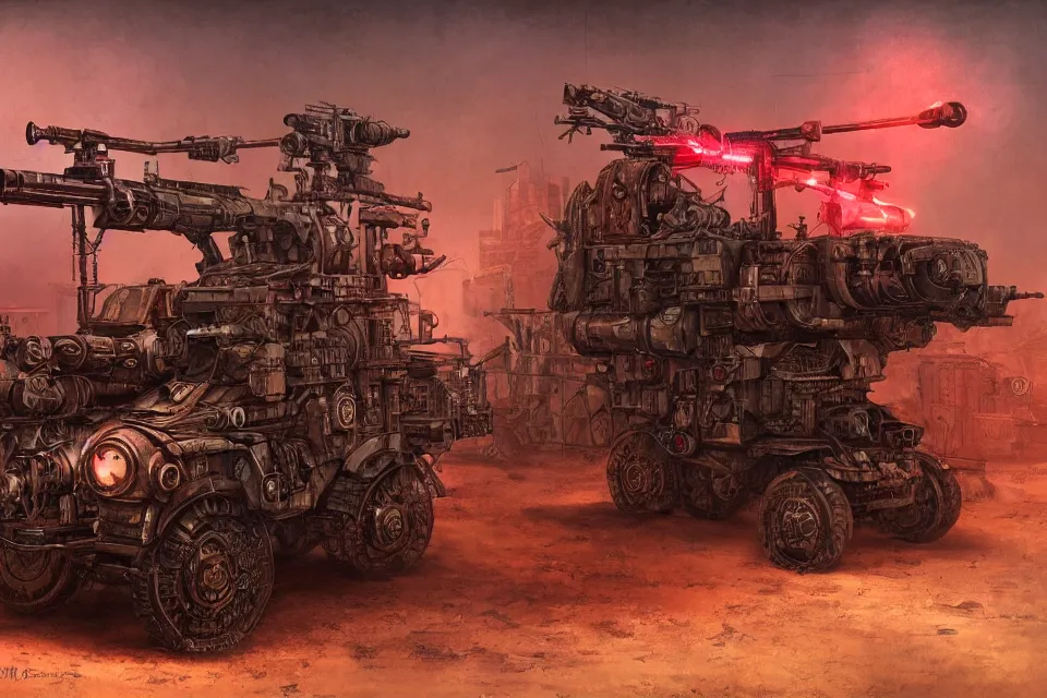 Image similar to steampunk style military vehicle with guns, red neon lights, by HR Giger and Beksiński and Stephan Martiniere , 4k resolution, detailed, trending on artstation