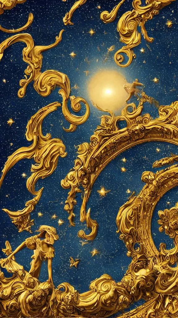 Image similar to sky in a starry night with glowing meteor showers, ascension of a woman decomposing and dissolving into moon, dark - blue black gold beige saturated, ornate baroque rococo art nouveau intricate detail, 3 d specular lighting, cinematic, blur