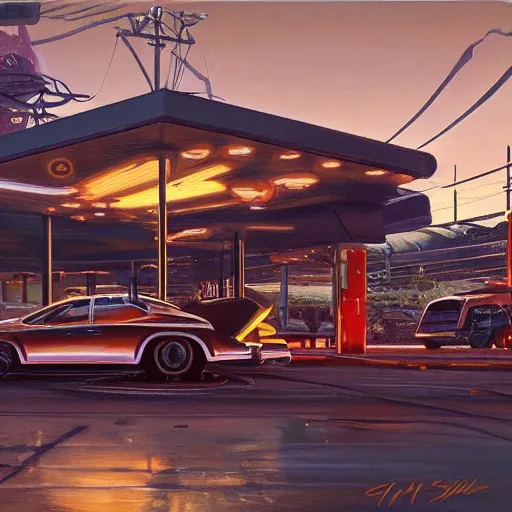 Prompt: painting of syd mead artlilery scifi gas station with ornate metal work lands on a farm, filigree ornaments, volumetric lights, simon stalenhag