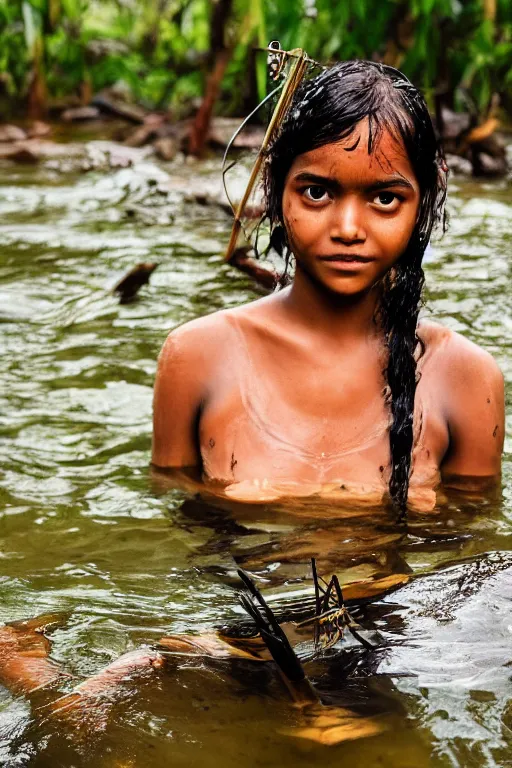 Image similar to a professional portrait photo of a sri lankan jungle girl, submerged in water, black hair, hunter, with bow and arrow, extremely high fidelity, natural lighting.