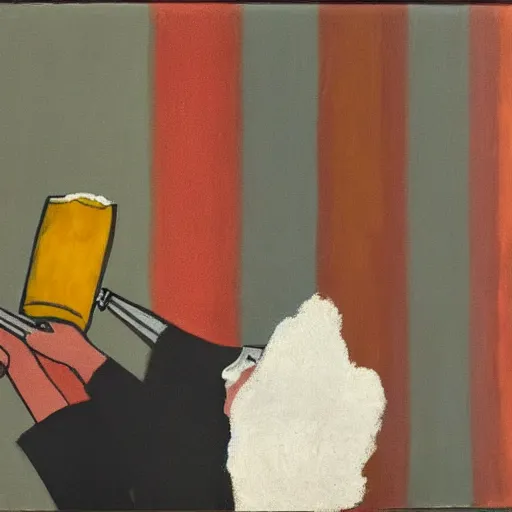 Image similar to queen of england shotgunning a beer, in the style of rothko,