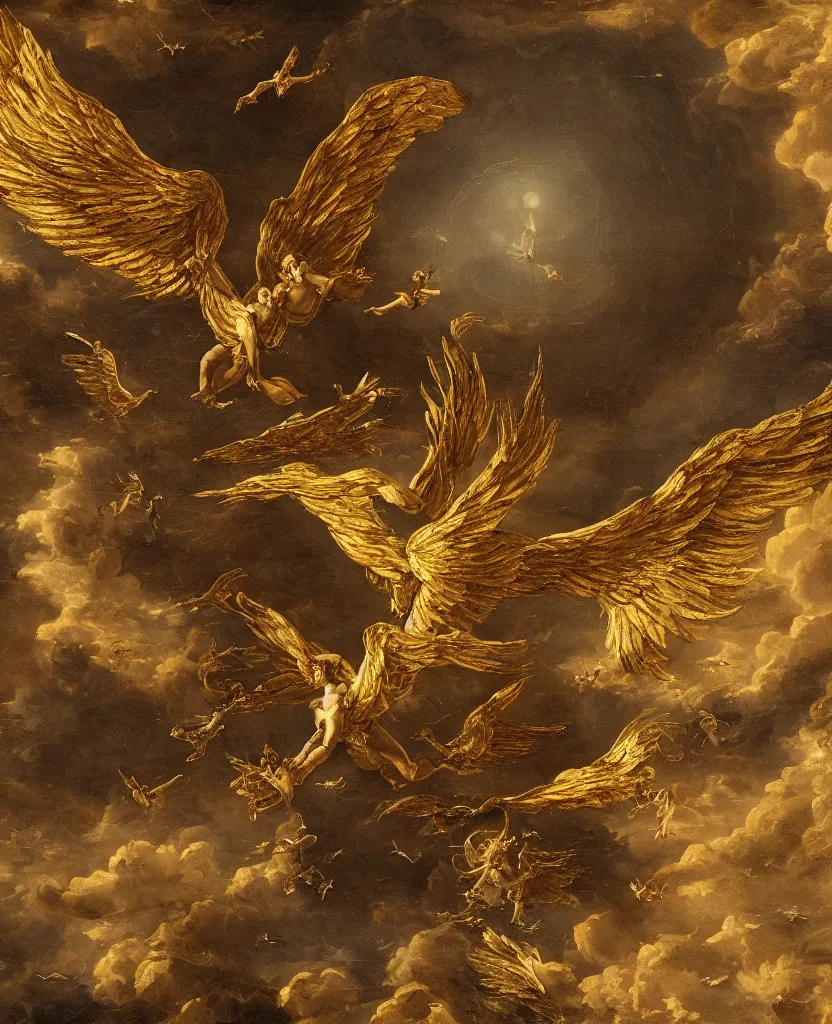 Prompt: icarus falling from the sky, golden, big wings, dramatic, round baroque frame, extremely detailed, 8 k