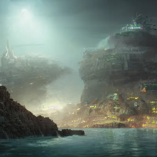 Image similar to a solarpunk city on a small rocky island in the middle of a violent sea, beautiful dynamic lighting, cinematic, wide angle establishing shot, extremely high detail, photo realistic, cinematic lighting, post processed, concept art, artstation, matte painting, style by eddie mendoza, raphael lacoste, alex ross, volumetric lighting, light rays, photorealistic, ultrarealistic, moody, coronarender, 8k