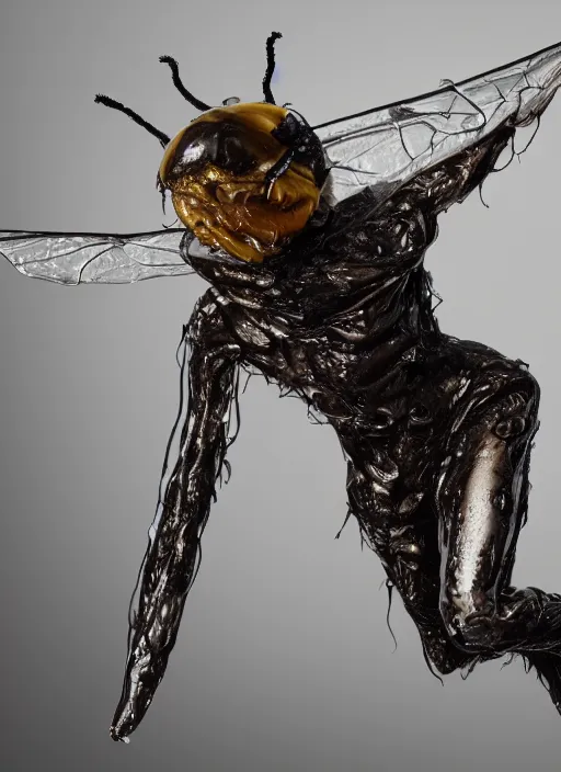 Image similar to a hyper realistic ultra realistic photograph of a man transmogrifying into a wasp, wet puppet, body horror highly detailed, 8k photo