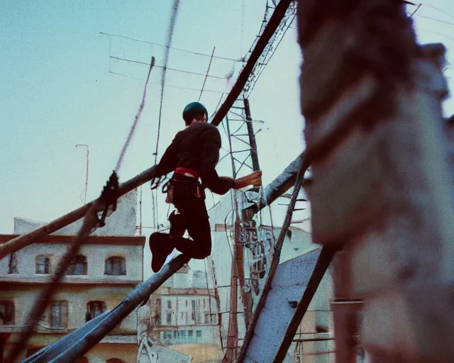 Image similar to lomo photo of roofjumpers climbing on roof of soviet hrushevka, small town, cinestill, bokeh, out of focus