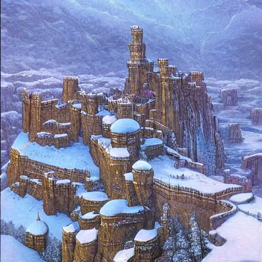 Image similar to An aerial view of a narrow valley in winter, with a tall castle guarding one end, fantasy style, art by Moebius, art by James Gurney, hyper detailed, high quality