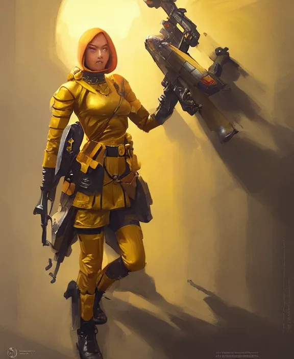 Prompt: female imperial guard fighter cosplay, modelling, posing, flak armor, yellow uniform, shemag, quality lighting, dark colors, maximalism, ultra facial detail, Tooth Wu Artgerm Greg Rutkowski artstation deviantart, 8k, fanart, extreme aesthetic