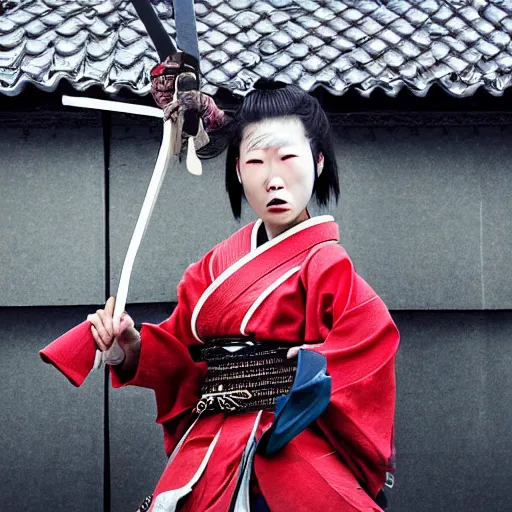 Image similar to a samurai woman on top of a building in japan in broad daylight and her sword smeared with blood, her face fixed and frightening, ultra detailed painting, dynamic light, expressions, cinematic