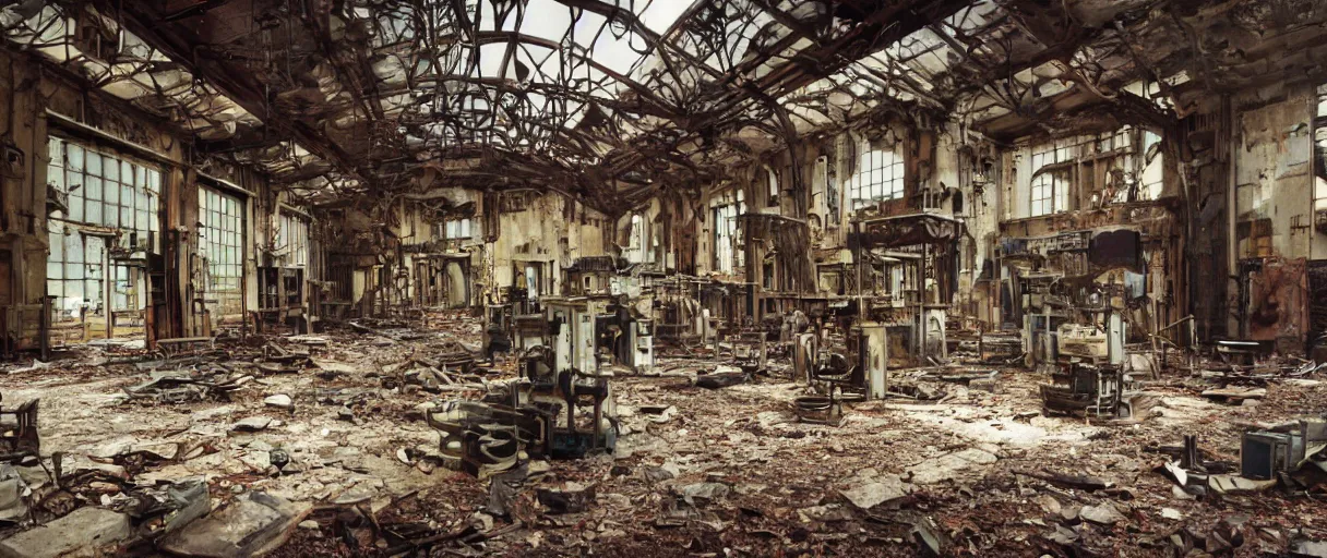 Image similar to movie still 4 k uhd 3 5 mm film color photograph of an abandoned steampunk workshop full of xix century differential machines