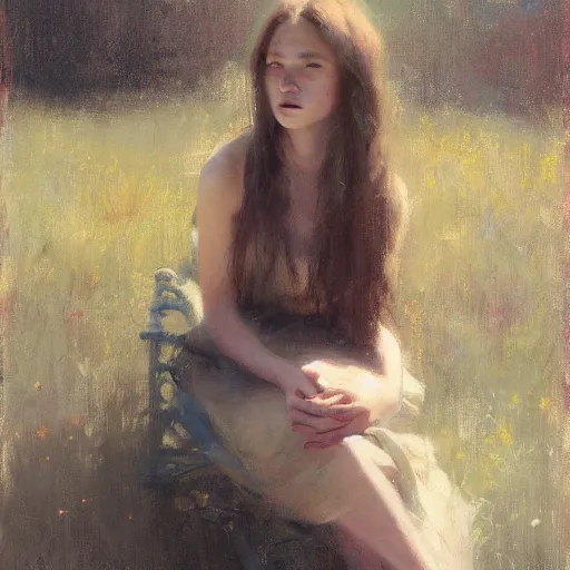 Prompt: girl with long hair, summer dress, sitting on designer chair, dramatic light, cinematic, bare feet, by jeremy lipking, jeremy mann, ron hicks, casey baugh
