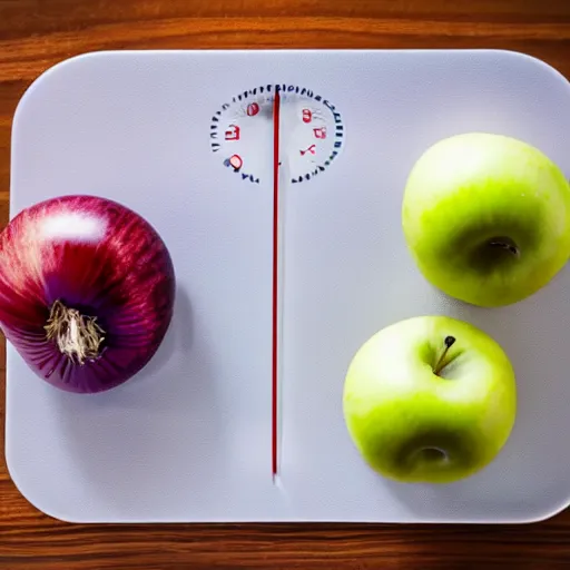 Image similar to balance scale with one apple in one side and one onion in the other