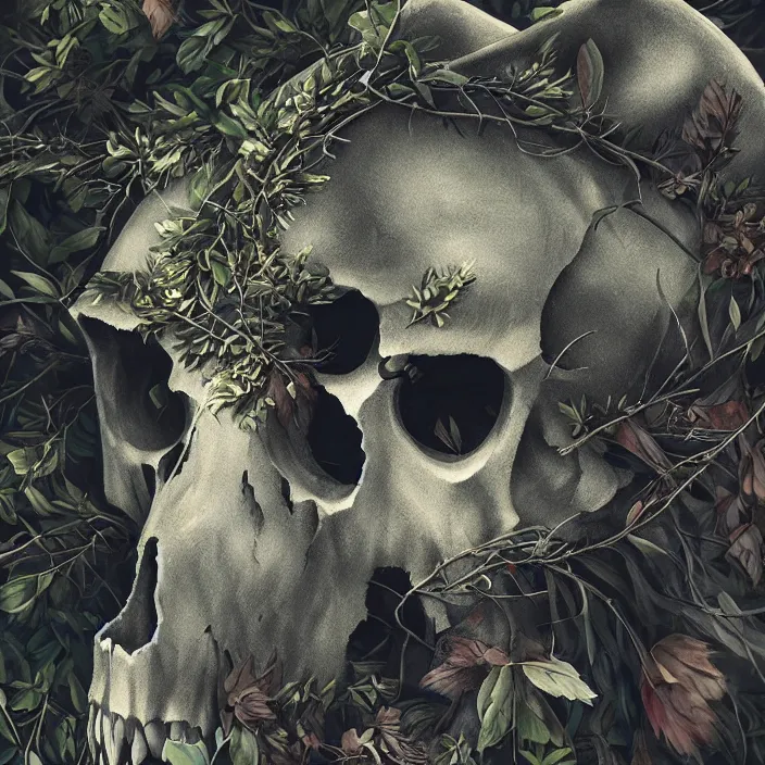 Prompt: overgrown foliage on a realistic wolf skull, close - up, beautiful, lens flare, emotional, sweet, flowers, detailed, picture, artstation, award - winning