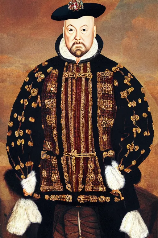 Image similar to huw edwards, portrait, dressed as henry viii, historical, oil painting, photorealistic