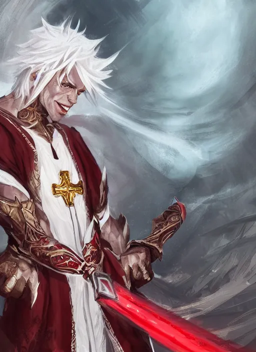 Image similar to a highly detailed illustration of white haired african priest, wearing cross on robe, wielding red blades made of blood, evil standing smiling pose, blood flowing around him background, muscular, intricate, elegant, highly detailed, centered, digital painting, artstation, concept art, smooth, sharp focus, league of legends concept art, WLOP