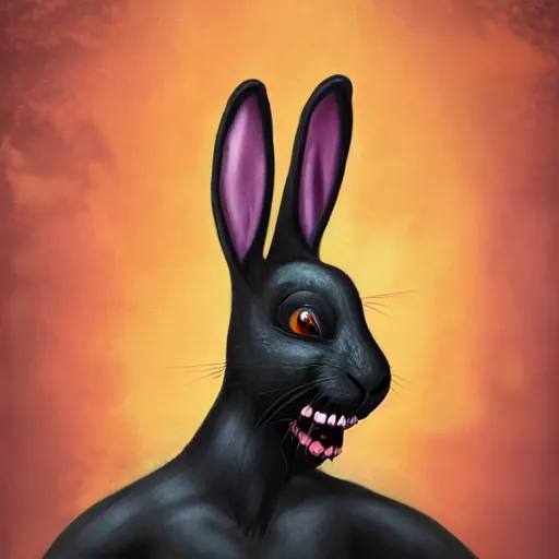 Image similar to A extremely highly detailed majestic hi-res beautiful, highly detailed head and shoulders portrait of a scary terrifying, horrifying, creepy black cartoon rabbit with scary big eyes, earing a shirt laughing, hey buddy, let's be friends, in the style of Walt Disney