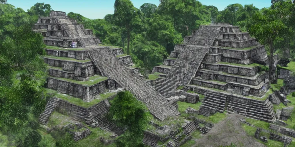 Image similar to mayan city of tikal if it was a game like grand theft auto v first person view, with realistic visuals and award winning gameplay, graffiti