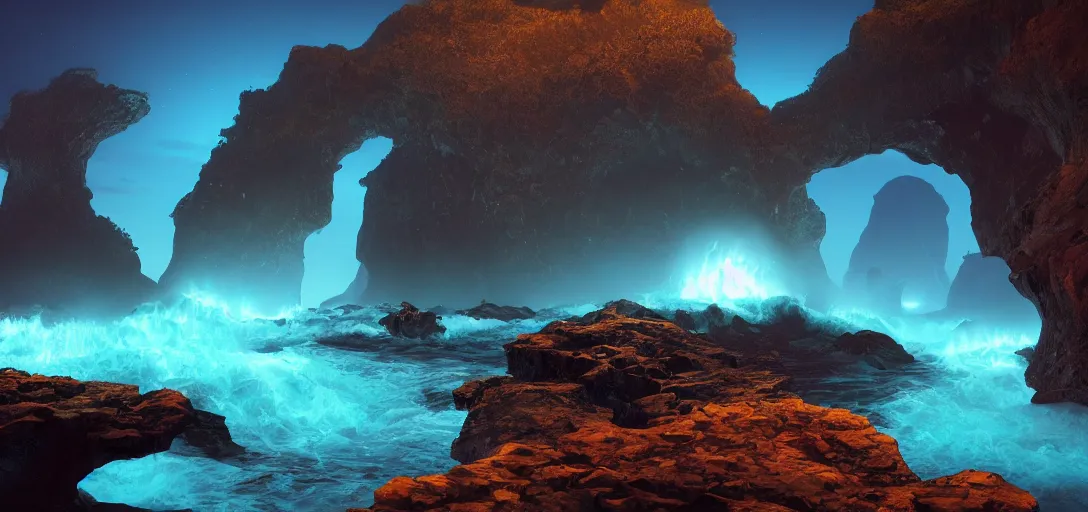 Prompt: beautiful view of a nighttime ocean waterfall, giant arch structures, waves, caustics, symmetry, floating rocks in the distance, unreal engine, dramatic lighting, ultra detailed, sharp, ambient occlusion, slight bloom, illumination, raytracing, vibrant, vivid colors, picturesque, by dylan cole and jordan grimmer