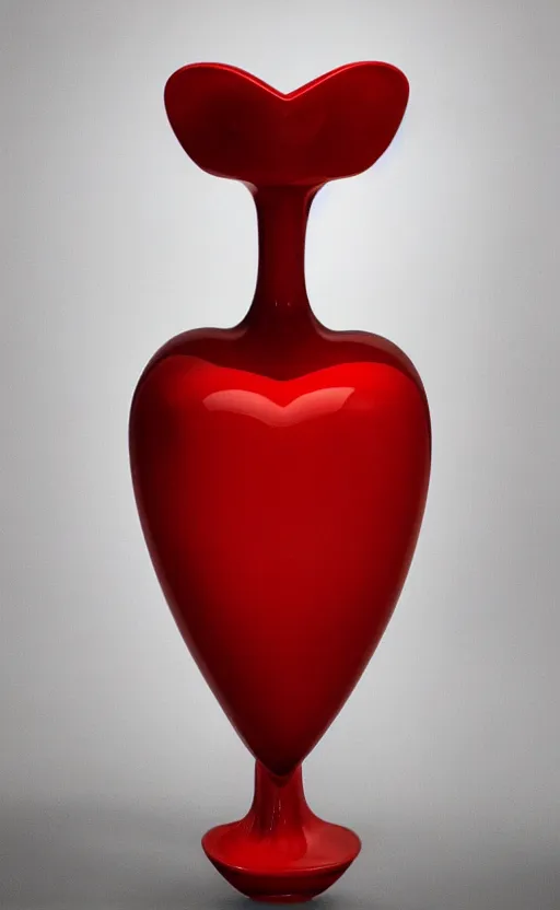 Prompt: a vase in the shape of a heart with red accents designed by versace, with some flowers