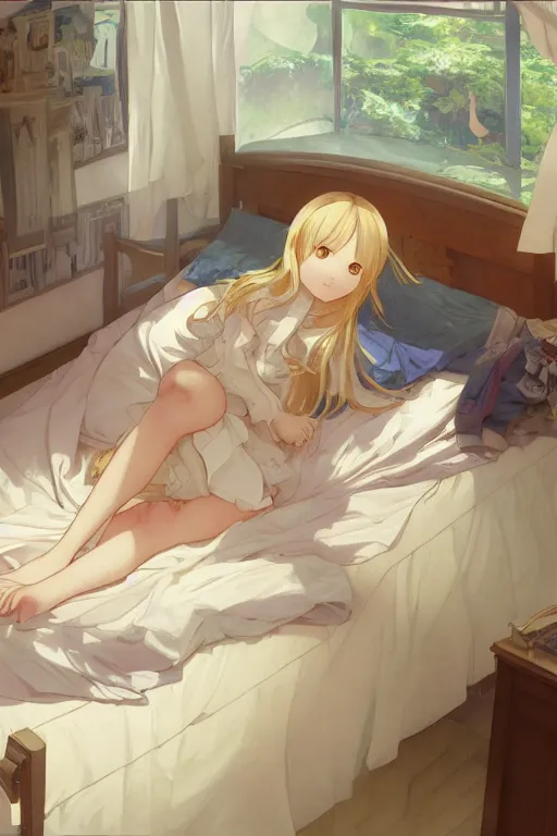 Image similar to a masterpiece digital art of a loli with blonde long hair in a jk uniform outfit in bedroom in after noon, by krenz cushart and mucha and akihito yoshida and greg rutkowski and makoto shinkai, detailed eyes, 4 k resolution 、 trending on art station