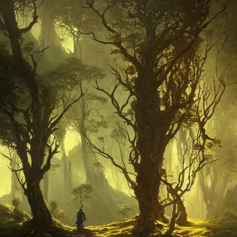 Image similar to a detailed landscape painting inspired by moebius and beksinski of a great forest with path and man with a cape over his head. fantasy poster. cinematic fantasy scene. aurora lighting. fantasy. carl spitzweg. baroque elements. baroque element. intricate artwork by caravaggio. oil painting. award winning. dramatic. trending on artstation. 8 k