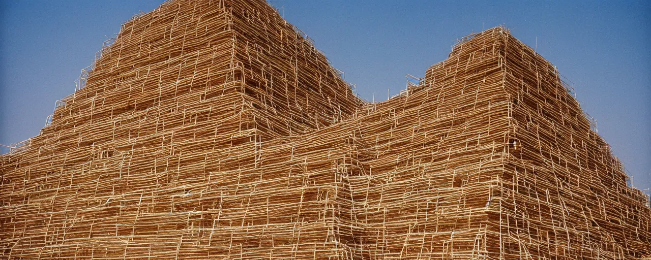 Image similar to spaghetti overflowing an ancient mesopotamian ziggurat, architectural, minimal, canon 5 0 mm, wes anderson film, kodachrome