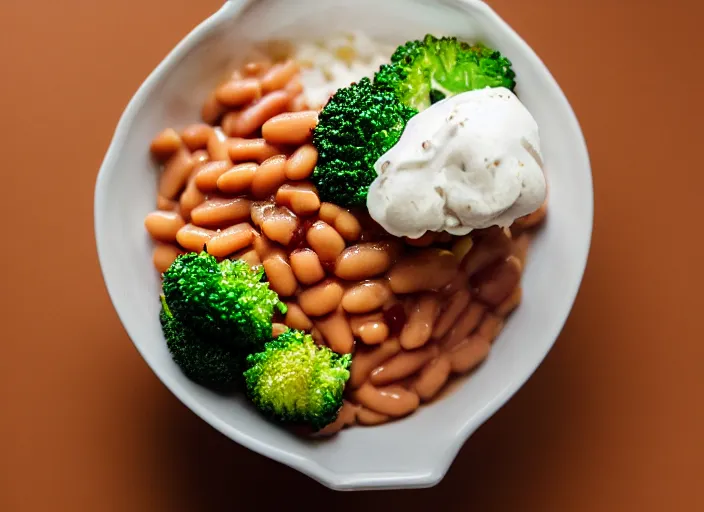 Image similar to food photo still of soft serve swirled frozen yogurt topped with baked beans and broccoli, 8 5 mm f 1. 8 studio lighting