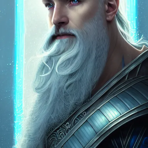 Image similar to Portrait of an Aasimar Paladin with glowing blue eyes, pale grey skin, silver full beard, and silver hair. He has a sword and wears green mossy armor. Epic fantasy art, award winning on Artstation, intricate, elegant, highly detailed, digital painting, art by artgerm and greg rutkowski and alphonse mucha.