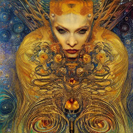 Prompt: Divine Chaos Engine by Karol Bak, Jean Deville, Gustav Klimt, and Vincent Van Gogh, horizontal symmetry, detailed fractals