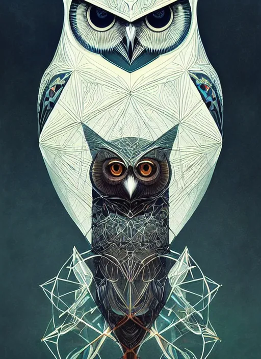 Image similar to portrait of a geometric owl, identical eyes, medium shot, illustration, full body made of white feathers, symmetrical, art stand, super detailed, cinematic lighting, and its detailed and intricate, gorgeous, by peter mohrbacher