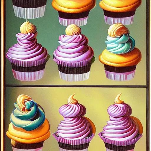 Prompt: painting of fancy pastel baroque cupcakes by greg hildebrandt