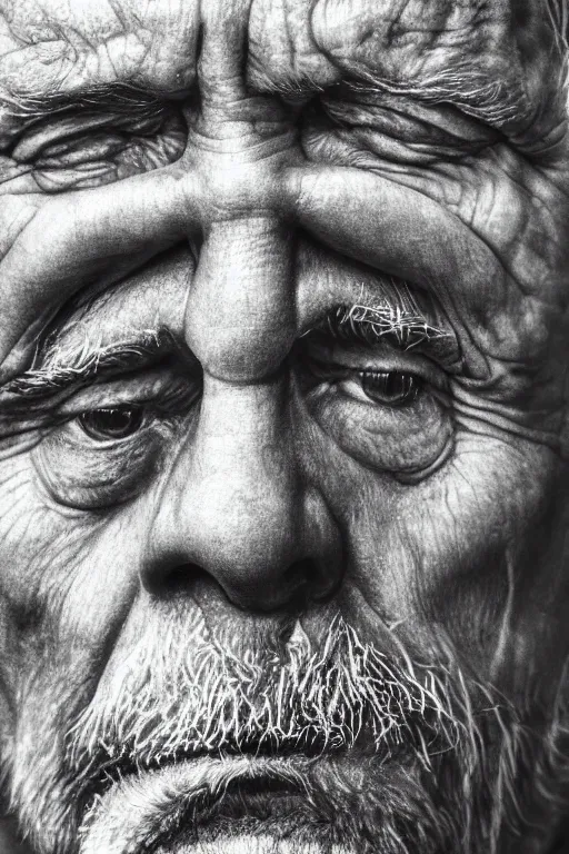 Image similar to a hyper realistic close up portrait of an old man with a solemn look and deep expression in his eyes, oil on canvas, highly detailed, strong lighting, cinematic, HD, 4K