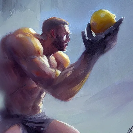 Image similar to lemon fruit as gigachad working out by greg rutkowski