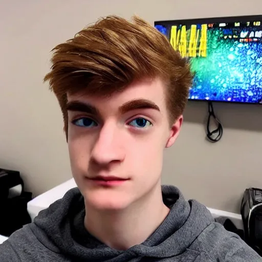 Image similar to “a realistic detailed photo of a guy who is an attractive humanoid who is half robot and half humanoid, who is a male android, twitch streamer Ninja Tyler Blevins, shiny skin, posing like a statue, blank stare, gaming room, close up”